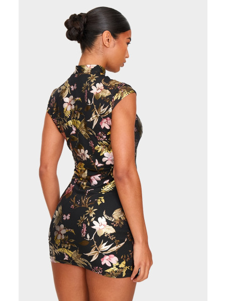 Чорна облягаюча сукня з коміром із сітчастою стрічкою з квітковим принтом