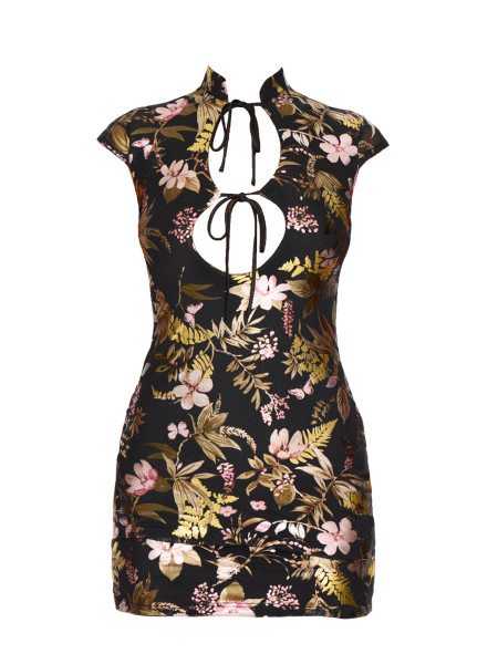 Чорна облягаюча сукня з коміром із сітчастою стрічкою з квітковим принтом