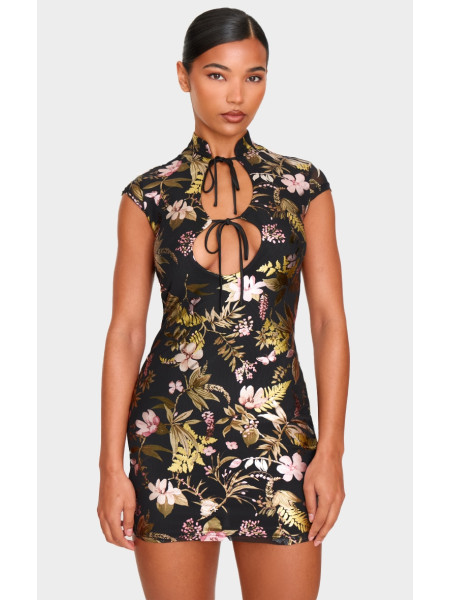 Чорна облягаюча сукня з коміром із сітчастою стрічкою з квітковим принтом