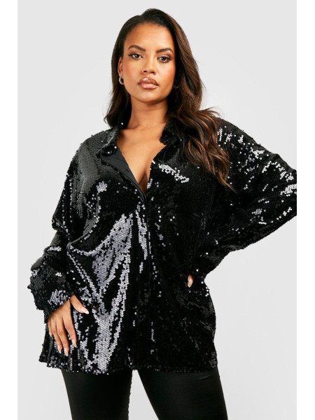 Чорна велика сорочка з паєтками з глибокими манжетами