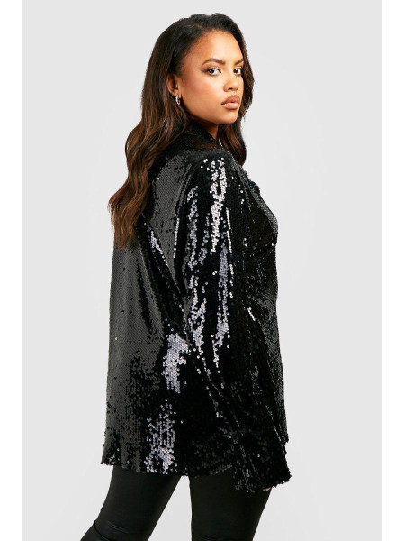 Чорна велика сорочка з паєтками з глибокими манжетами