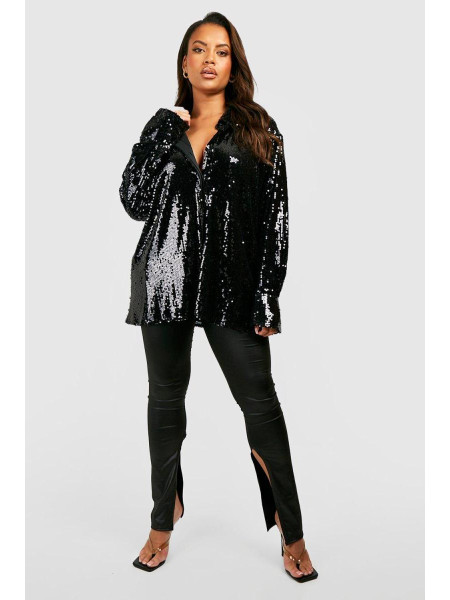 Чорна велика сорочка з паєтками з глибокими манжетами
