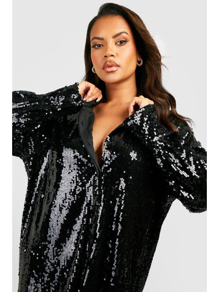 Чорна велика сорочка з паєтками з глибокими манжетами