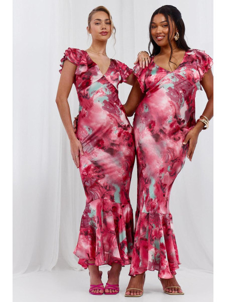 Сукня максі з мармуровим атласом і рукавами