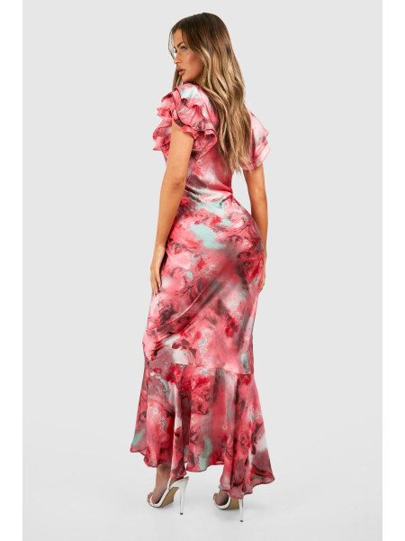 Сукня максі з мармуровим атласом і рукавами