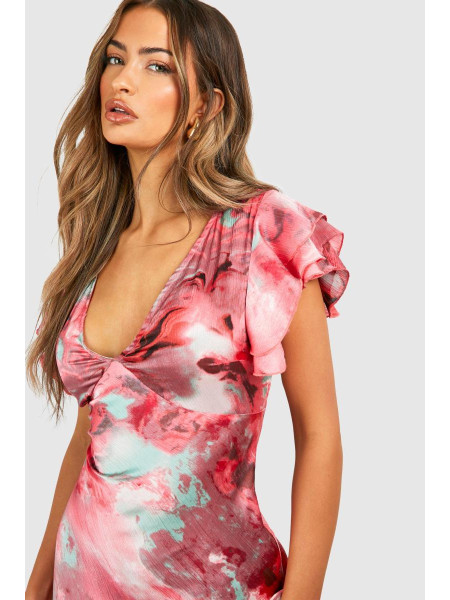 Сукня максі з мармуровим атласом і рукавами