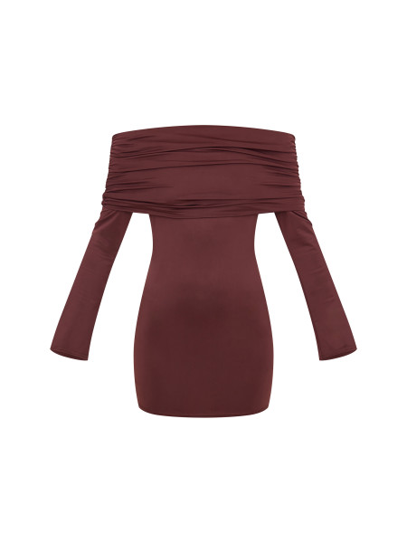 Шоколадна матова скульптурна двошарова міні-сукня Бардо з довгим рукавом і розкладним рукавом