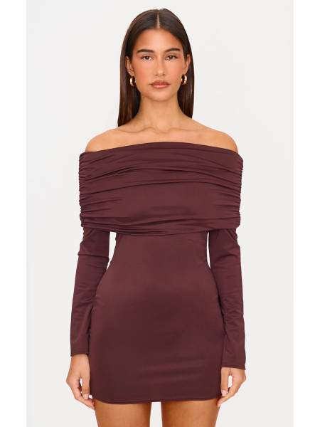 Шоколадна матова скульптурна двошарова міні-сукня Бардо з довгим рукавом і розкладним рукавом