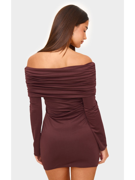 Шоколадна матова скульптурна двошарова міні-сукня Бардо з довгим рукавом і розкладним рукавом