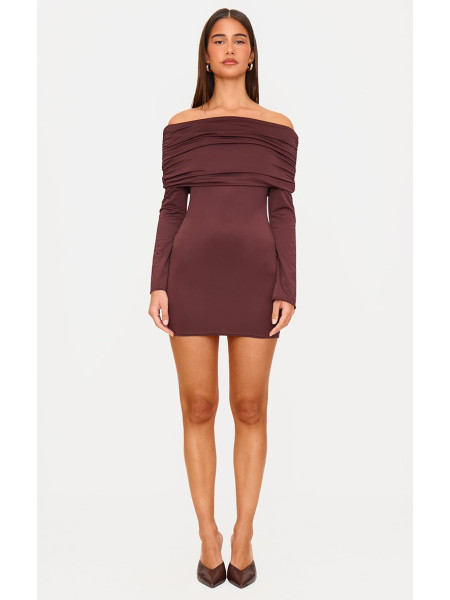 Шоколадна матова скульптурна двошарова міні-сукня Бардо з довгим рукавом і розкладним рукавом