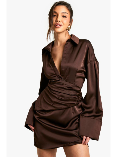Атласна сорочкова міні-сукня з розкльошеними рукавами