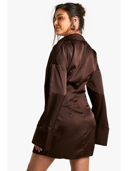 Атласна сорочкова міні-сукня з розкльошеними рукавами