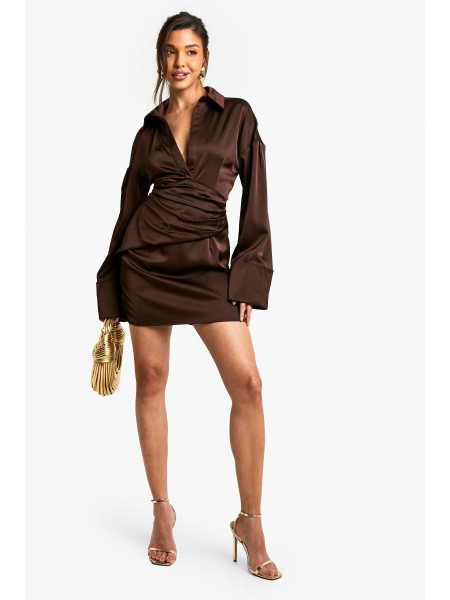 Атласна сорочкова міні-сукня з розкльошеними рукавами