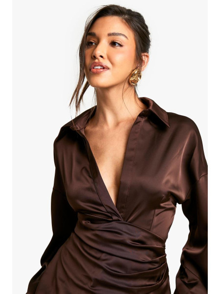 Атласна сорочкова міні-сукня з розкльошеними рукавами