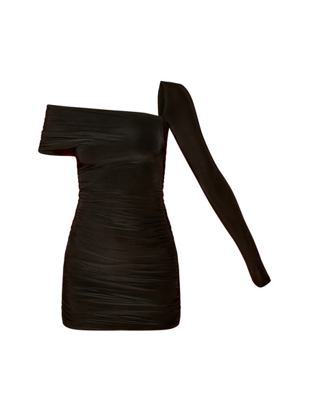 Чорна двошарова обтягуюча асиметрична облягаюча сукня з рюшами