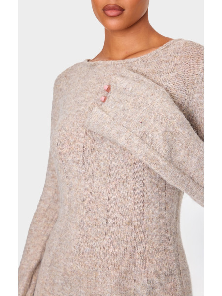 Висока темно-сіра трикотажна сукня з відкритою спиною в рубчик