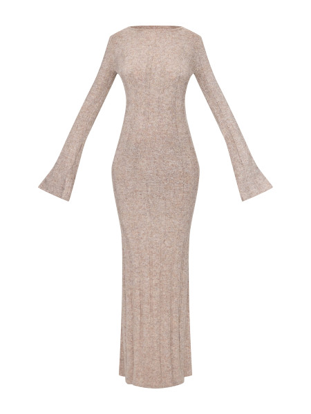 Висока темно-сіра трикотажна сукня з відкритою спиною в рубчик