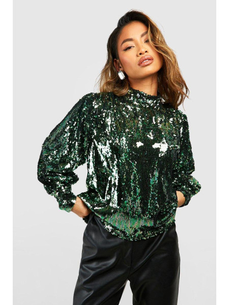 Рожевий об'ємний топ із паєтками з високим горлом