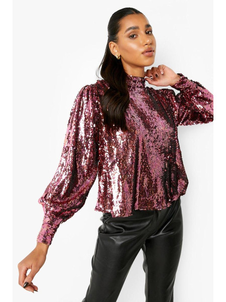 Рожевий об'ємний топ із паєтками з високим горлом