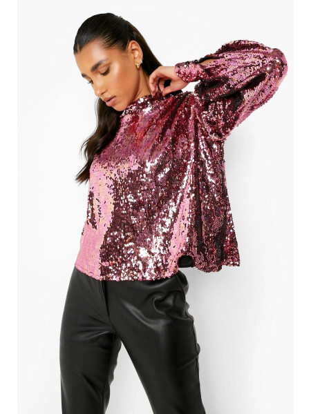 Рожевий об'ємний топ із паєтками з високим горлом