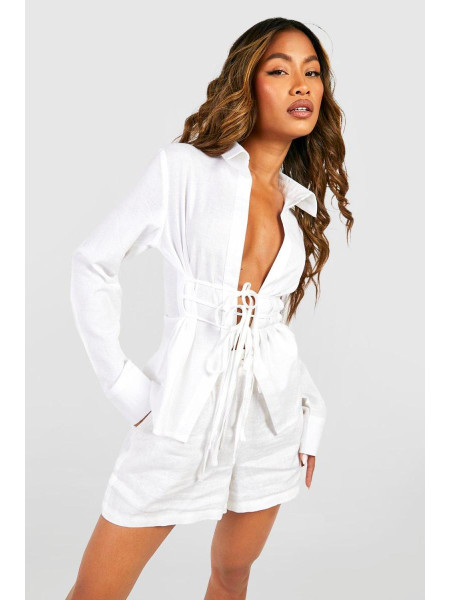 Біла лляна сорочка з краваткою