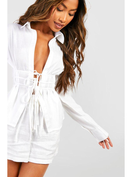 Біла лляна сорочка з краваткою