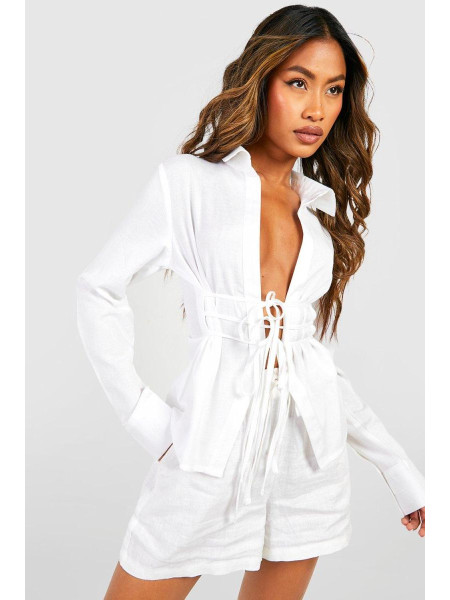 Біла лляна сорочка з краваткою