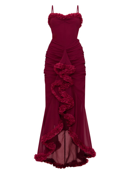 Бордова максі-сукня на ремінцях із рюшами та драпіруванням