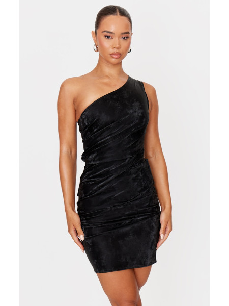 Чорна м'яка міні-сукня з штучної шкіри на одне плече