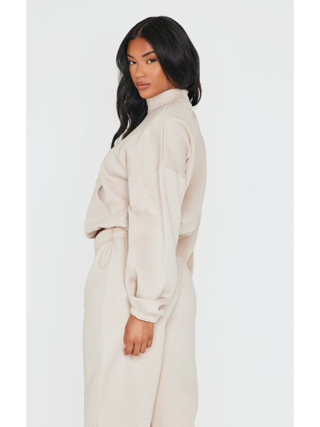 Бежева толстовка на половину блискавки з ребрами і кишенями