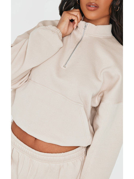 Бежева толстовка на половину блискавки з ребрами і кишенями