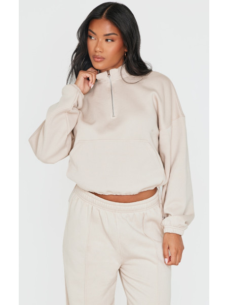 Бежева толстовка на половину блискавки з ребрами і кишенями