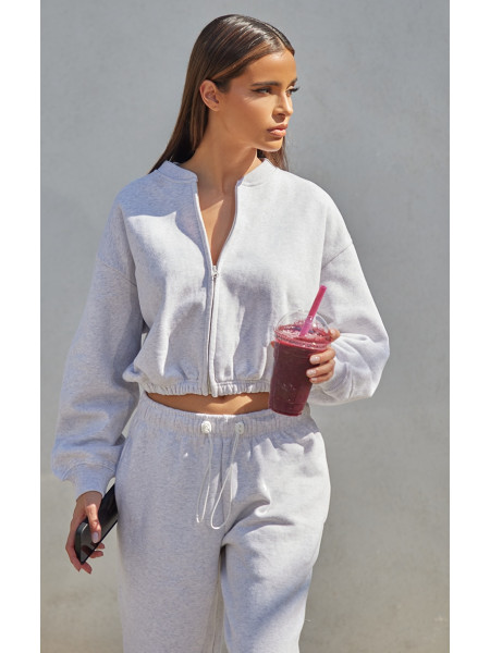 Попелясто-сірий укорочений світшот із застібками та блискавкою