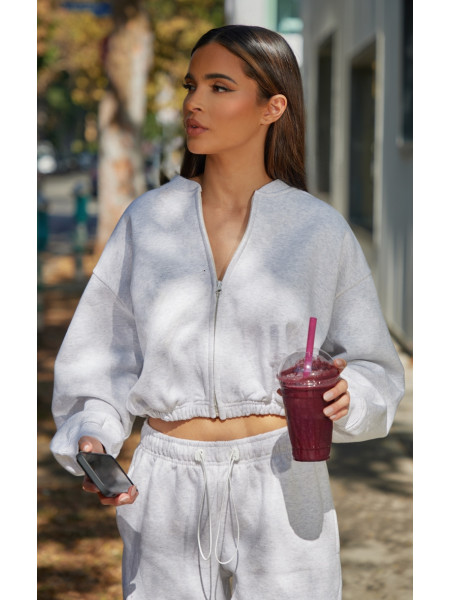 Попелясто-сірий укорочений світшот із застібками та блискавкою