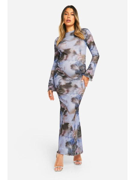 Сукня максі з довгим рукавом і абстрактним принтом із салатовим подолом