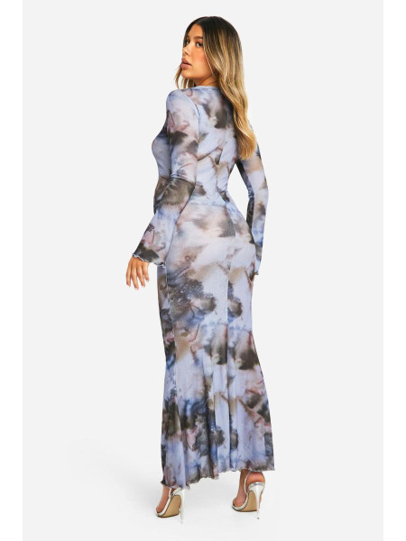 Сукня максі з довгим рукавом і абстрактним принтом із салатовим подолом
