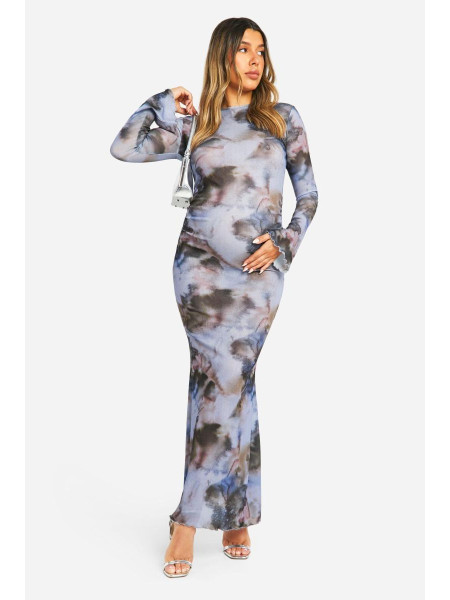 Сукня максі з довгим рукавом і абстрактним принтом із салатовим подолом