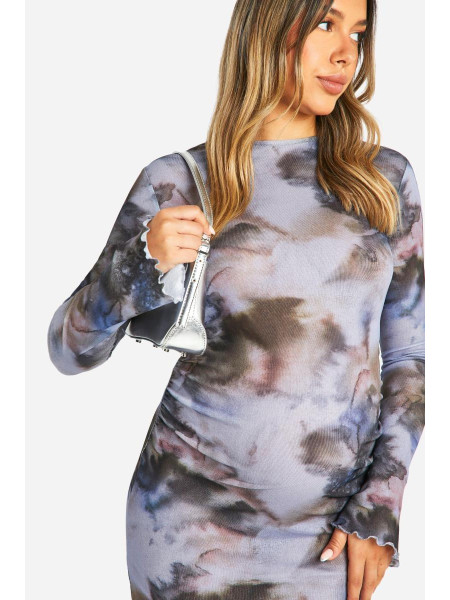 Сукня максі з довгим рукавом і абстрактним принтом із салатовим подолом