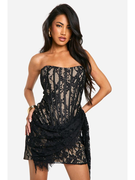 Міні-сукня з мереживним корсетом і драпіруванням