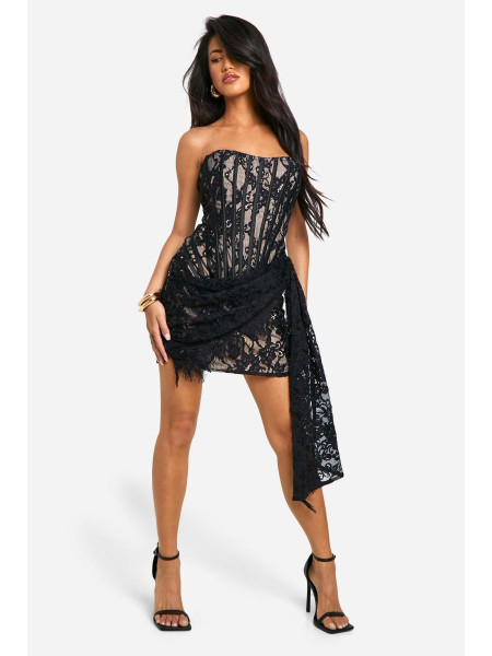 Міні-сукня з мереживним корсетом і драпіруванням
