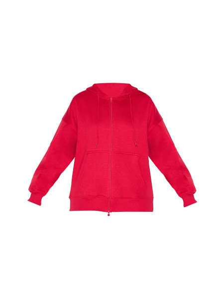 Червоний негабаритний блискавка через балахон деталей шва