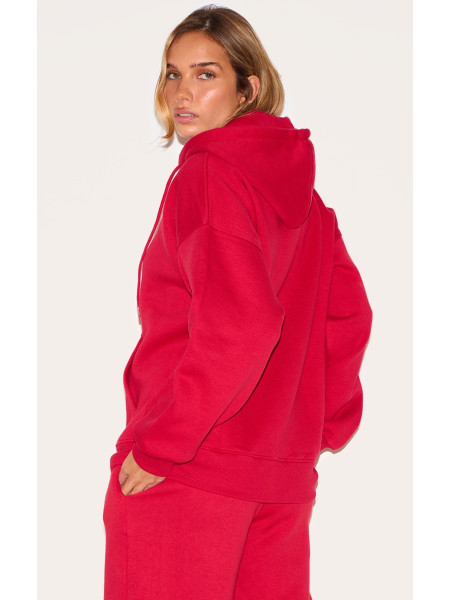 Червоний негабаритний блискавка через балахон деталей шва