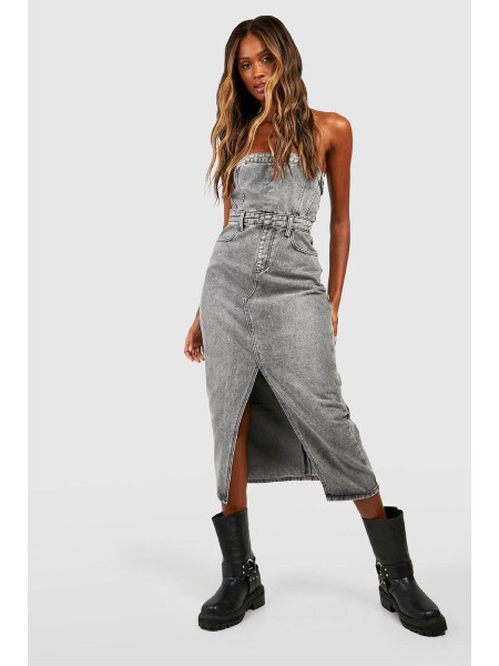 Джинсова сукня міді з розрізом спереду бандо