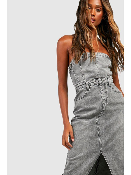 Джинсова сукня міді з розрізом спереду бандо