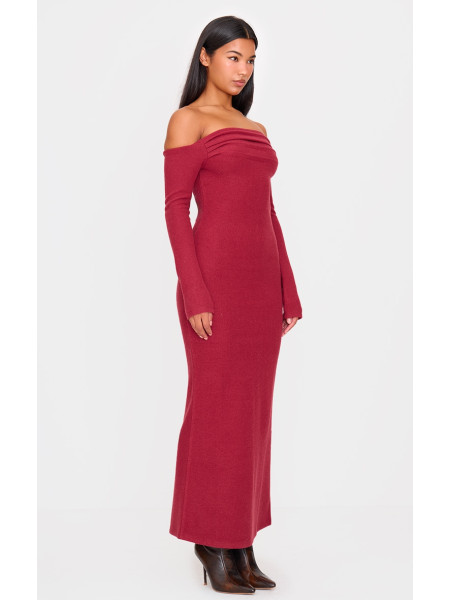 Бордова максі-сукня Бардо з довгими рукавами в рубчик