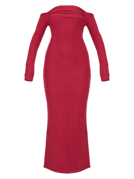 Бордова максі-сукня Бардо з довгими рукавами в рубчик