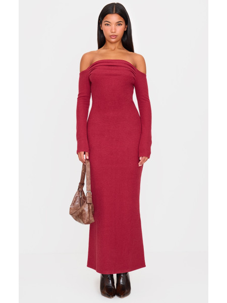 Бордова максі-сукня Бардо з довгими рукавами в рубчик
