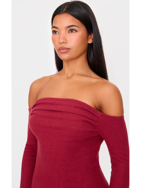 Бордова максі-сукня Бардо з довгими рукавами в рубчик