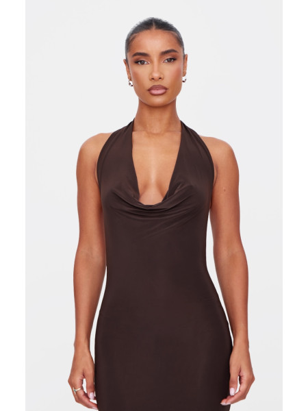 Шоколадна м’яка дотик шиї на шию скрутити деталі максі плаття