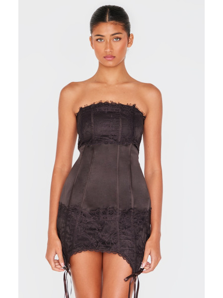 Шоколадна мереживна корсетна міні-сукня